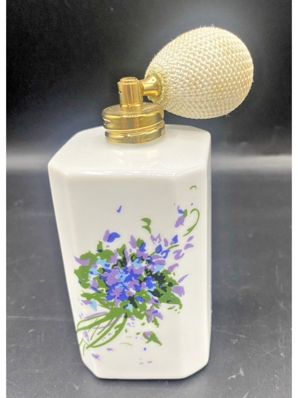 Vintage Bonwit Teller Porcelain Violets Perfume Bottle Japan Vanity  4” Tall